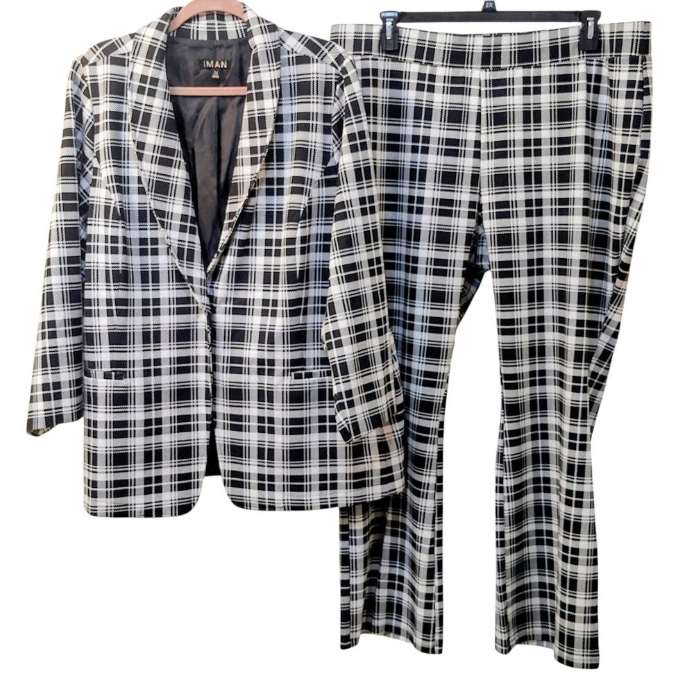 Iman: 2pc Black and White Plaid Pantsuit, Size 2X - Picture 2 of 15
